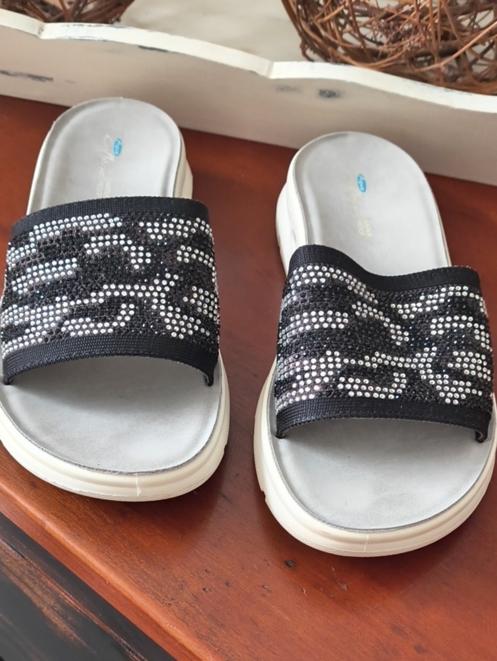 Embellished Black Slide Sandals with Sparkle Strap